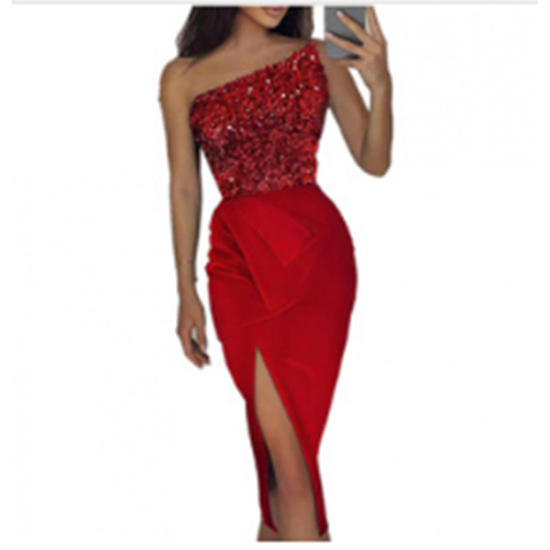 Damen Glamouröses Abendkleid mit asymmetrischem Ausschnitt und schimmerndem Oberteil Drune