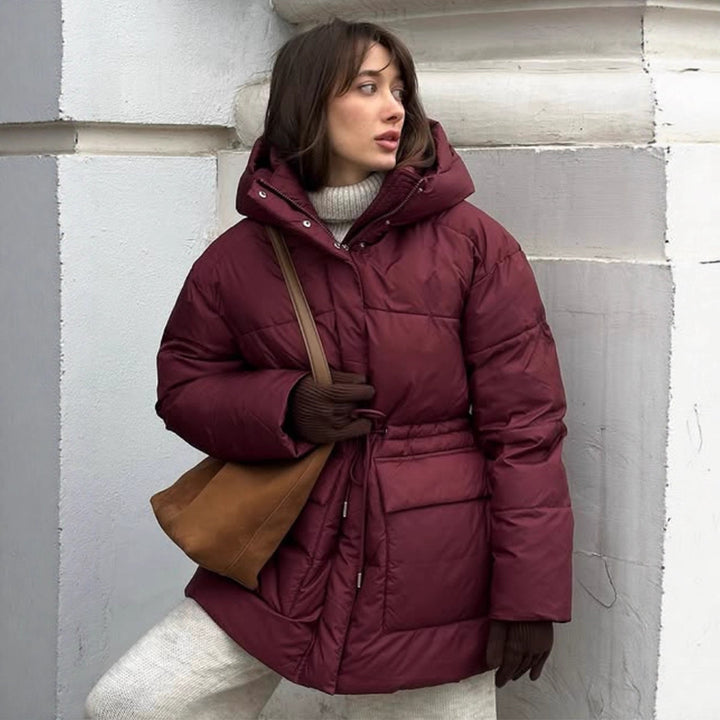 Damen gefütterte Daunenjacke mit taillierbarem Gürtel und hohem Kragen Drune