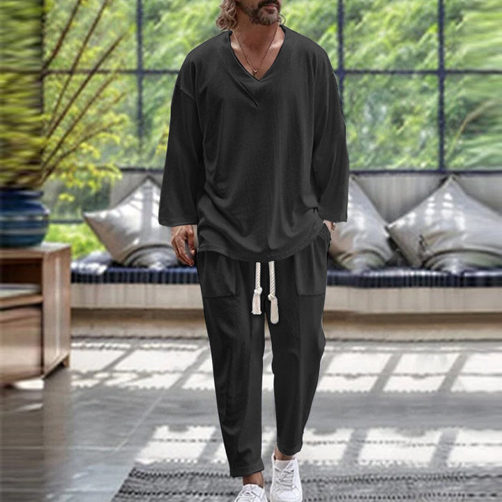 Herren lässiges Sommer-Loungewear-Set mit V-Ausschnitt und elastischem Bund Drune