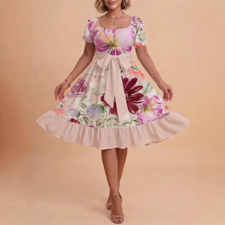 Damen Blumenkleid mit taillierbarem Gürtel und voluminösen Ärmeln Drune