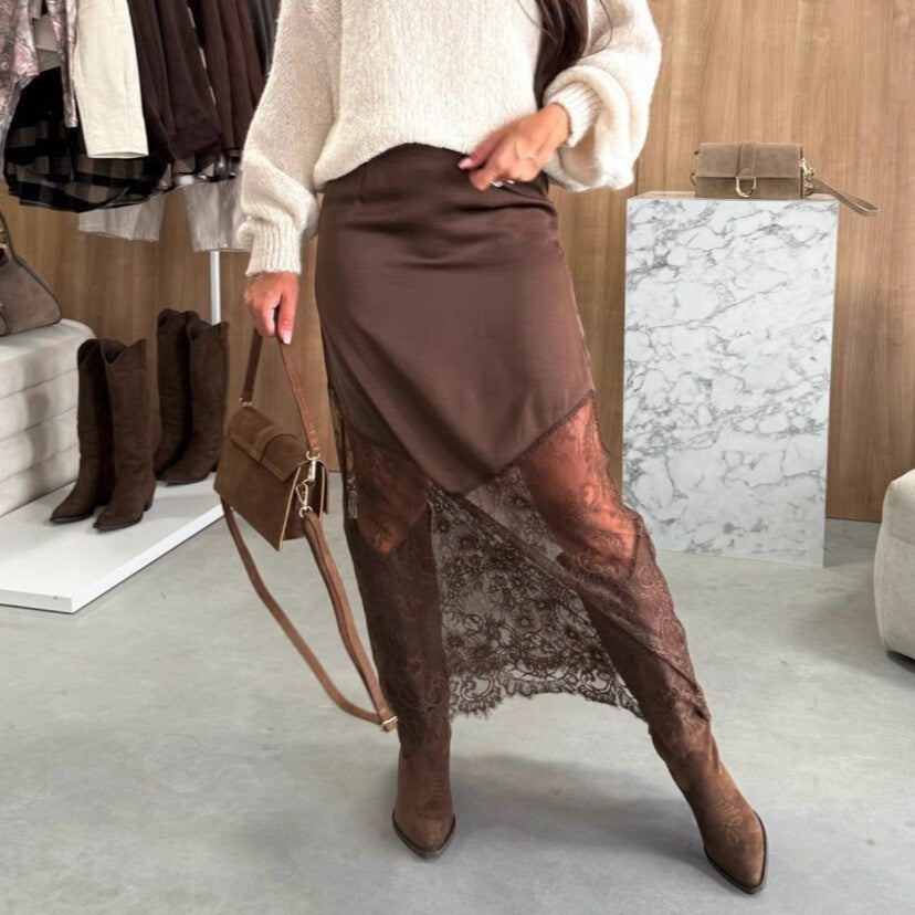 Damen eleganter Maxirock mit feiner Spitzenverzierung und fließendem Fall Drune