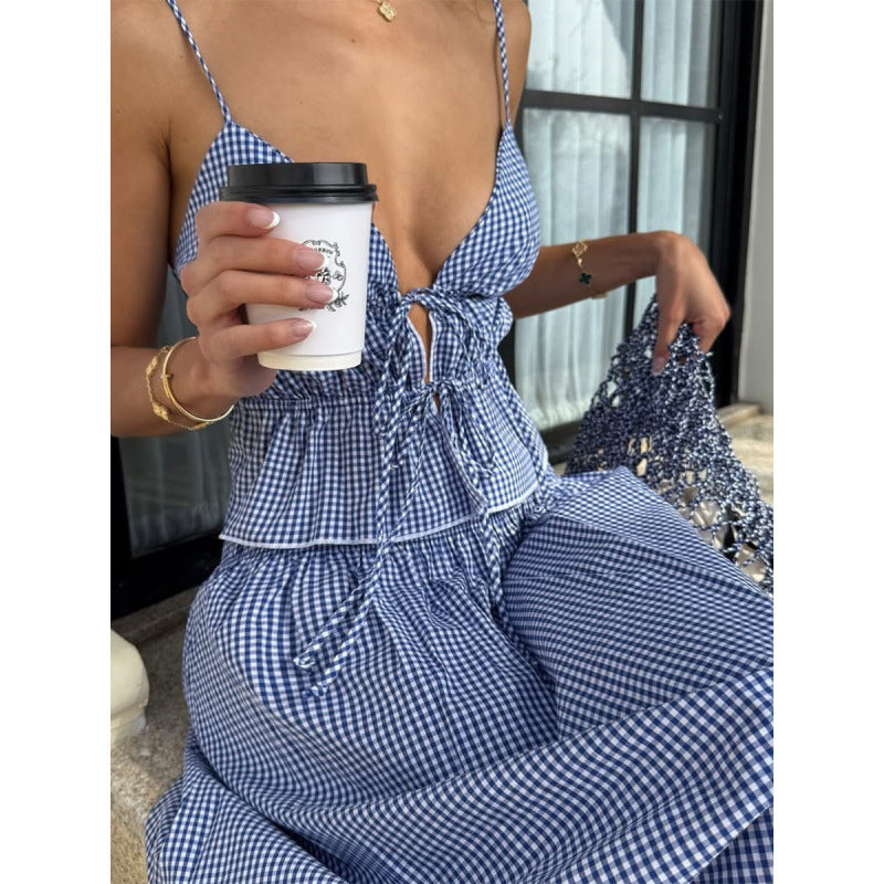 Damen Sommerliches Maxikleid mit V-Ausschnitt und Gingham-Muster Drune