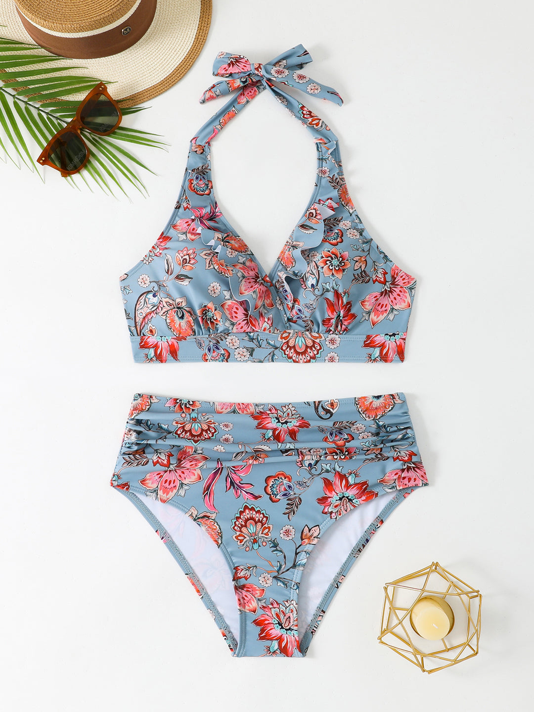 Damen Hoch tailliertes Bikini-Set mit floralem Design Drune