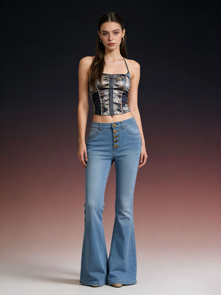Damen Schlagjeans mit bunten Knopfdetails und hohem Bund Drune