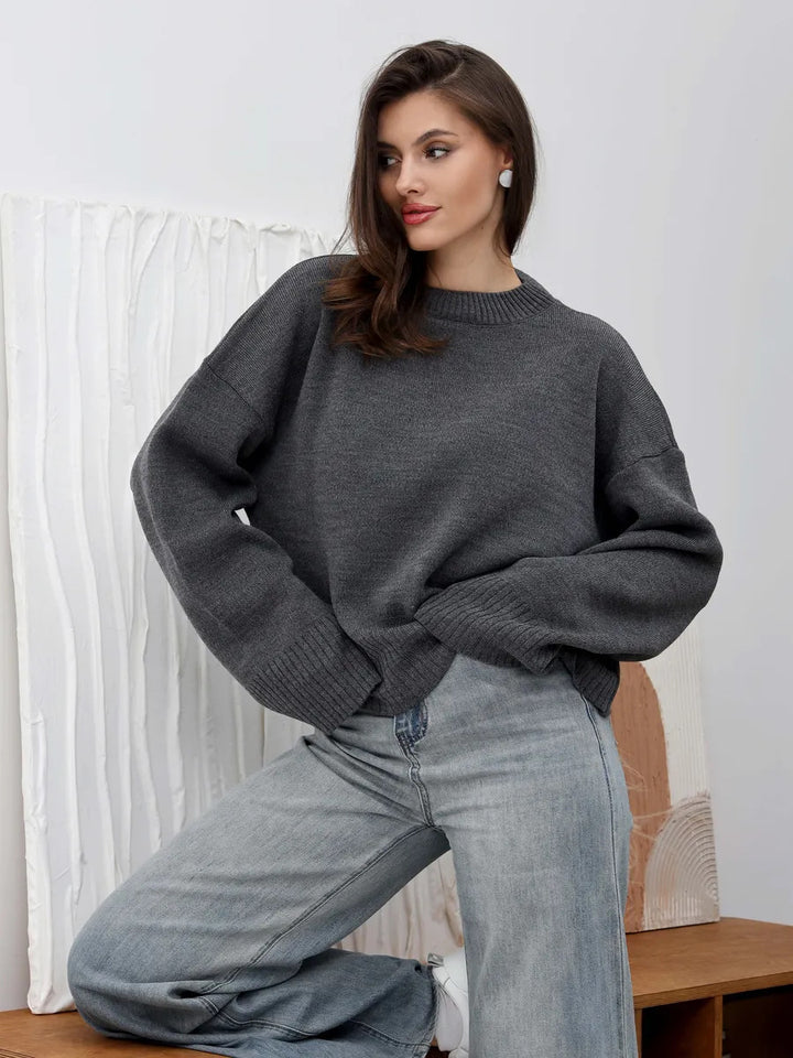 Damen lässiger Oversized Pullover mit verkürzten Ärmeln und strukturiertem Strickmuster Drune