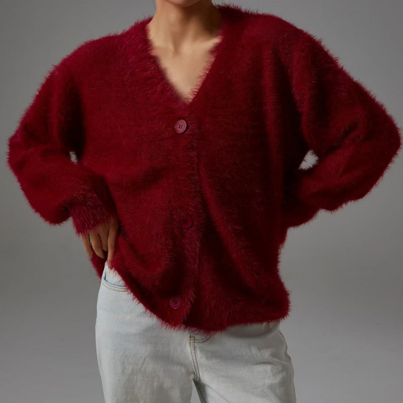 Damen flauschiger Cardigan mit V-Ausschnitt und übergroßem Schnitt Drune