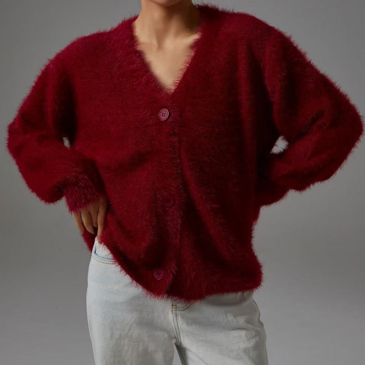 Damen flauschiger Cardigan mit V-Ausschnitt und übergroßem Schnitt Drune