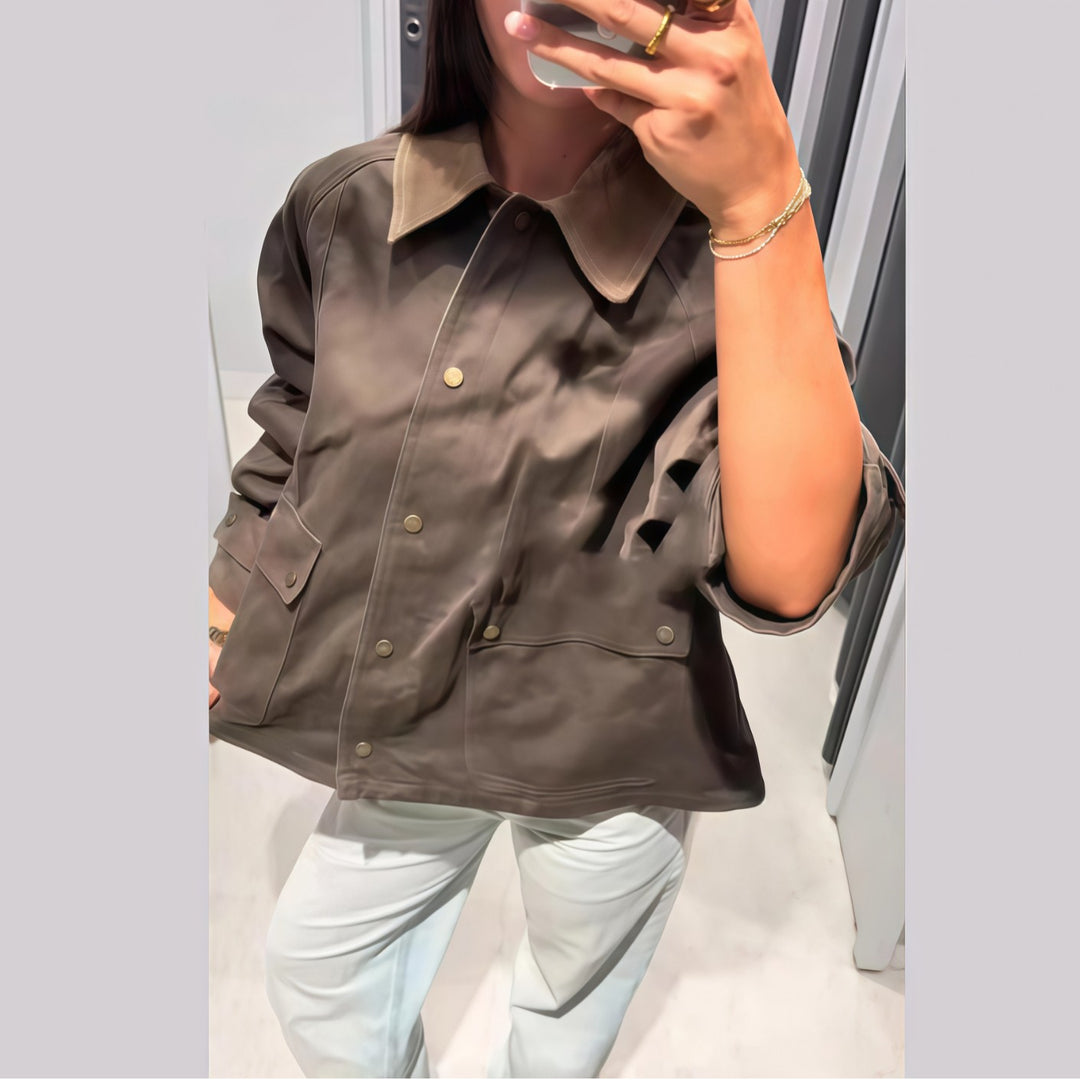 Damen lässige Utility-Jacke mit hohem Kragen und dekorativen Knöpfen Drune