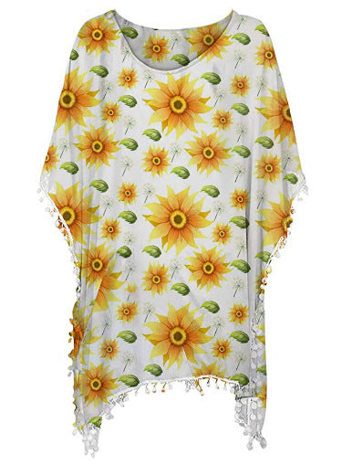 Damen Strandtunika mit floralem Design und Poncho-Art Drune