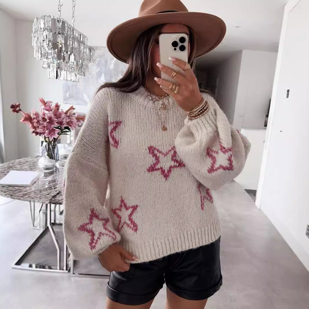 Damen Strickpullover mit Sternen-Design und weit ausgestellten Ärmeln Drune