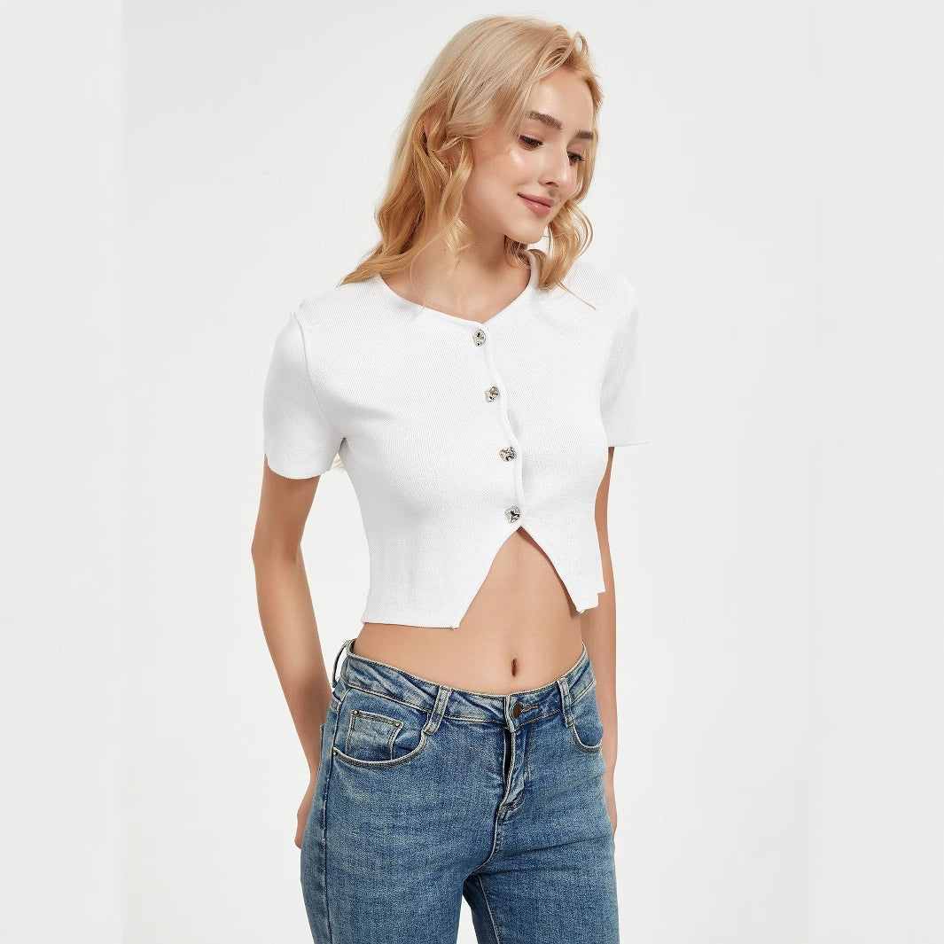 Damen Kurzarm Bluse mit dekorativen Knopfdetails Drune