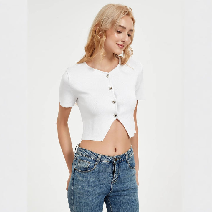 Damen Kurzarm Bluse mit dekorativen Knopfdetails Drune