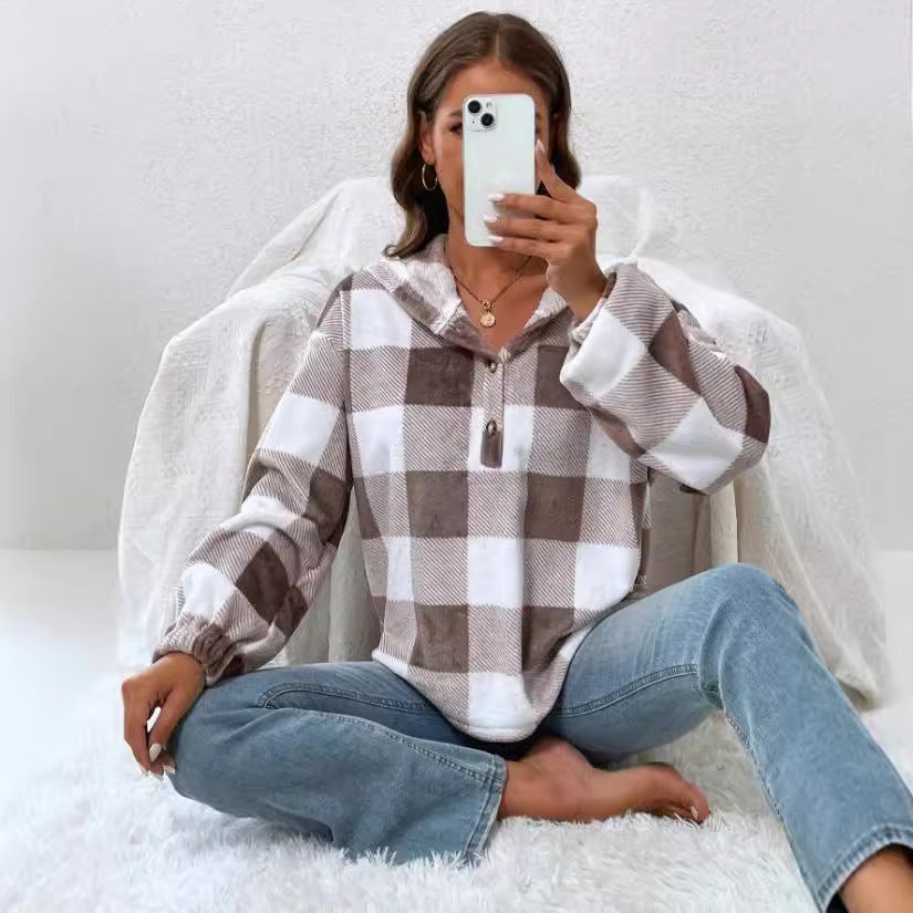 Damen Oversized Karo-Hoodie mit Knopfleiste und breiten Ärmeln Drune