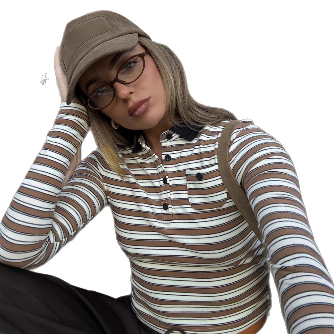 Damen nan gestreiftes Polo-Crop-Longsleeve mit kontrastkragen und Brusttasche Drune