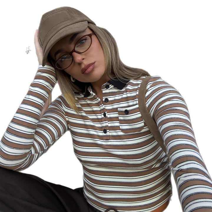 Damen nan gestreiftes Polo-Crop-Longsleeve mit kontrastkragen und Brusttasche Drune
