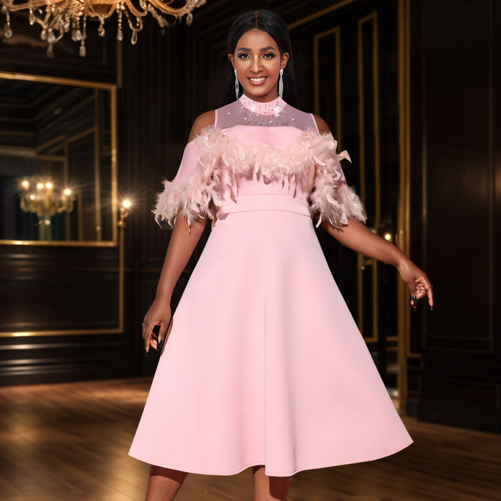 Damen elegantes Kleid mit transparenten Puffärmeln und dekorativen Federdetails Drune