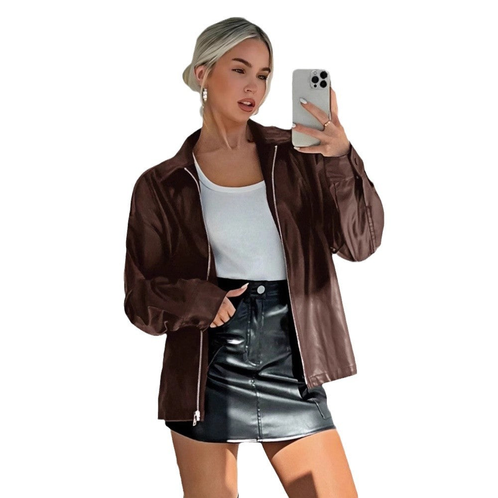 Damen leichtgewichtige Kunstlederjacke mit modernem Reißverschluss Drune