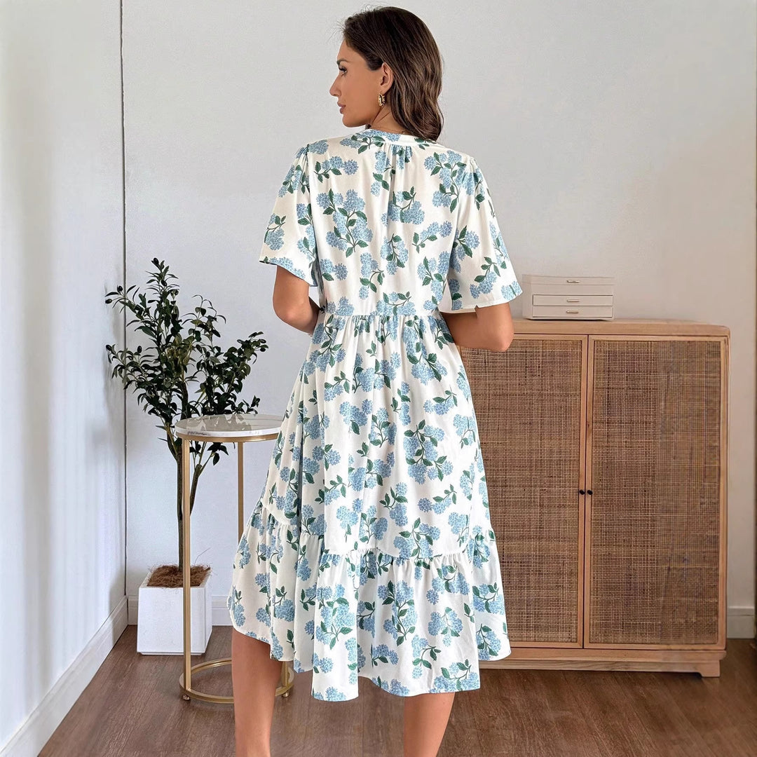 Damen Midikleid mit frischem Blumenmuster und voluminösem Rock Drune
