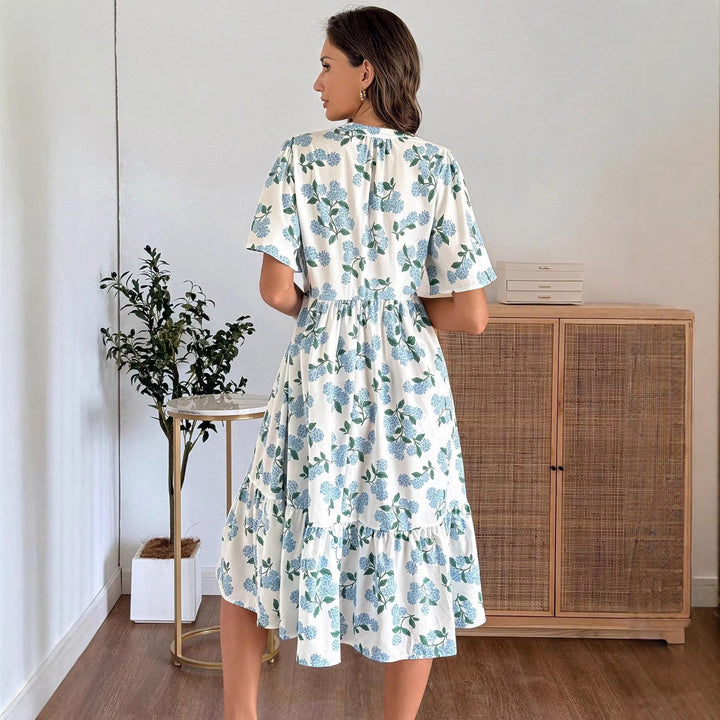 Damen Midikleid mit frischem Blumenmuster und voluminösem Rock Drune