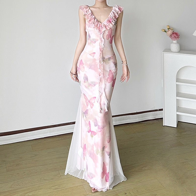 Damen Maxikleid aus transparentem Chiffon mit Rüschendetails und floralem Design Drune