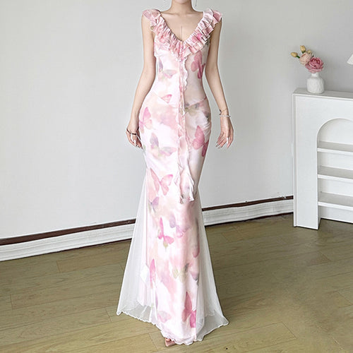 Damen Maxikleid aus transparentem Chiffon mit Rüschendetails und floralem Design Drune