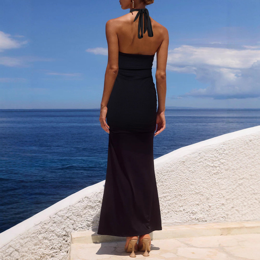 Damen Elegantes Maxi-Kleid mit sphärischem Halterneck und raffinierter Raffung Drune