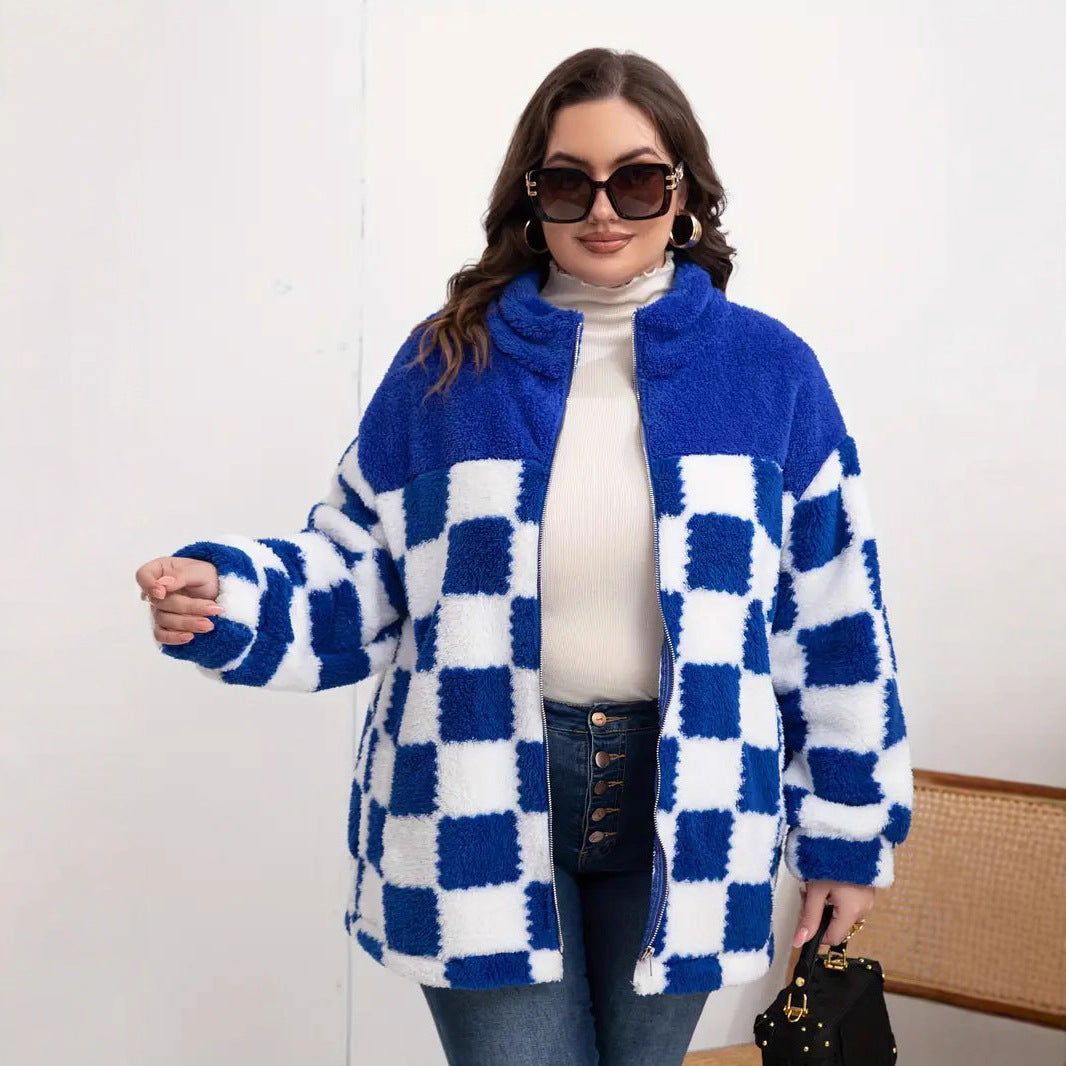 Damen Plüschjacke mit Karomuster und hohem Kragen Drune