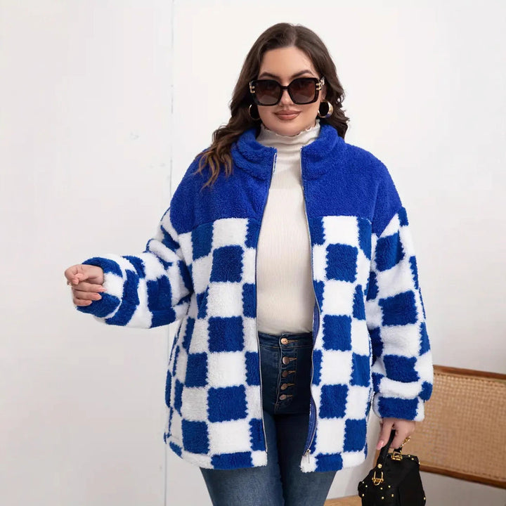 Damen Plüschjacke mit Karomuster und hohem Kragen Drune