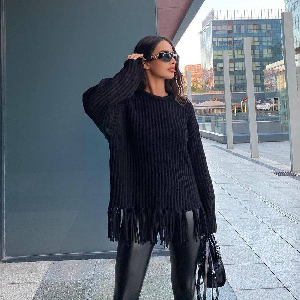 Damen Grobstrickpullover mit Fransen und weiten Ärmeln Drune