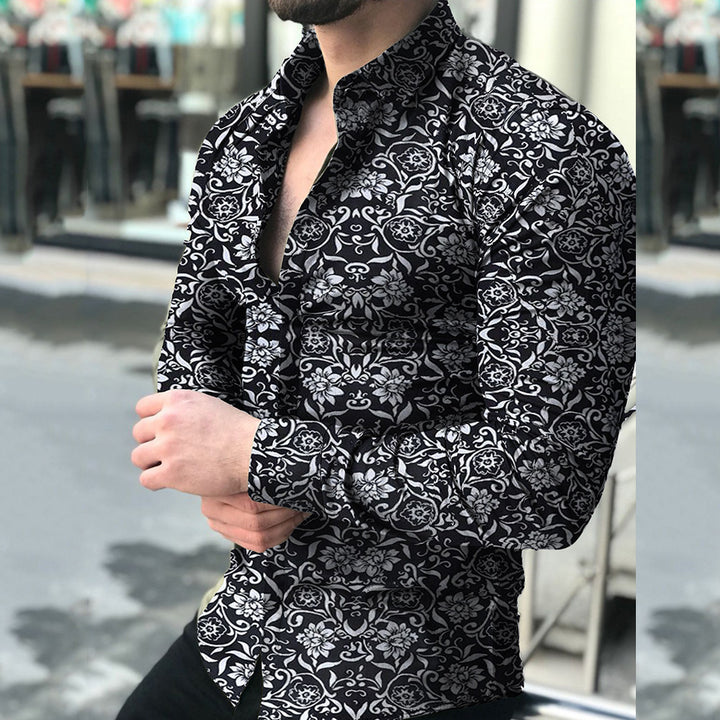 Herren nan figurbetontes Langarmhemd mit feinem Ornamentmuster und stretch Baumwollmischung Drune