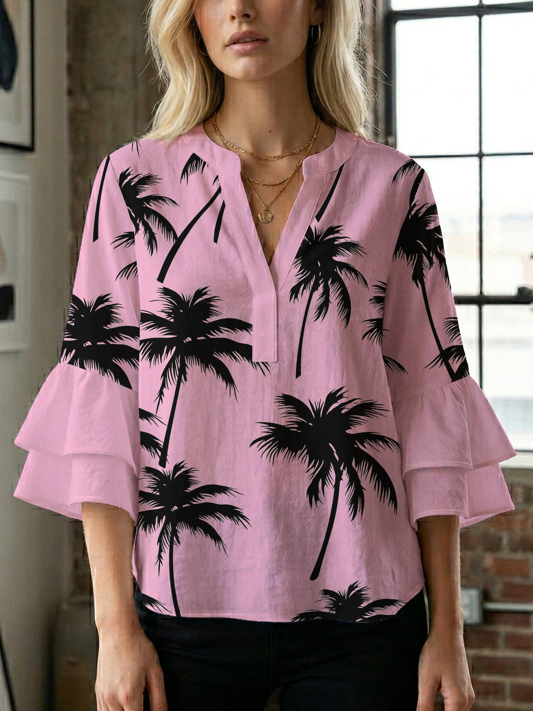Damen Bluse mit voluminösen Rüschenärmeln und modernem Motiv Drune