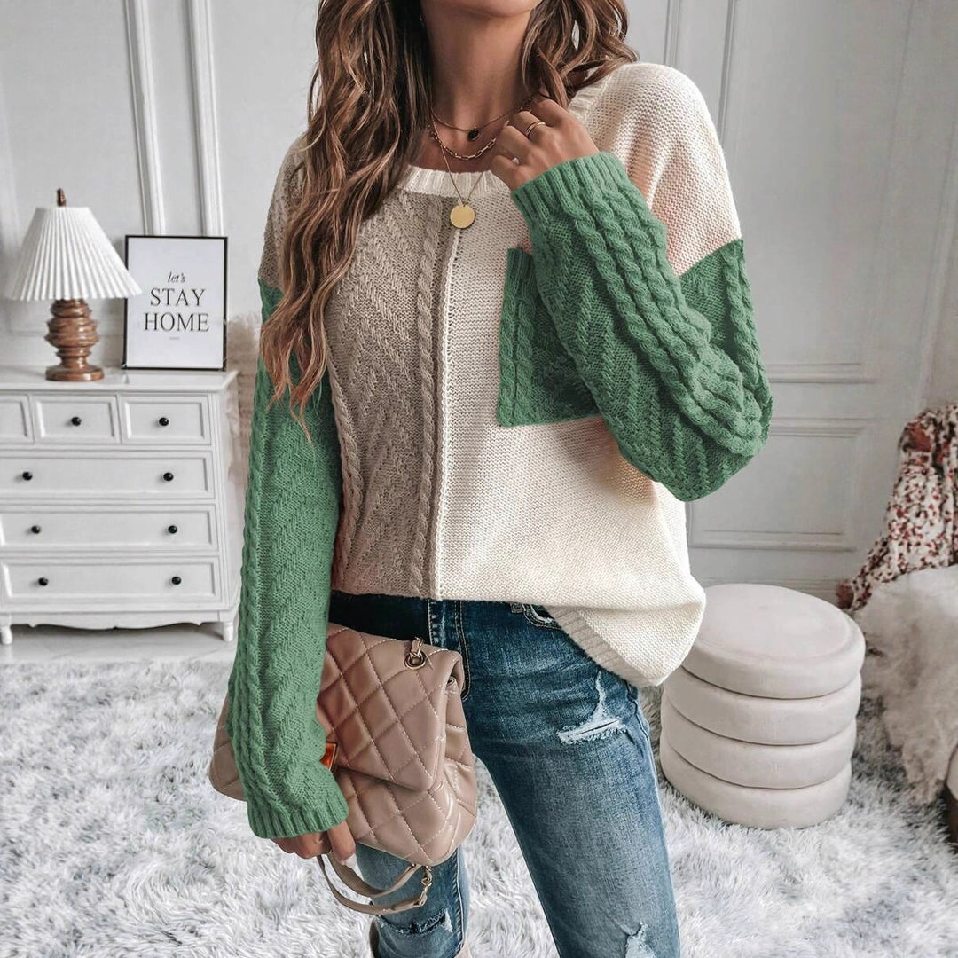 Damen Gemusterter Strickpullover mit bunten Kontrastärmel und Taschen Drune