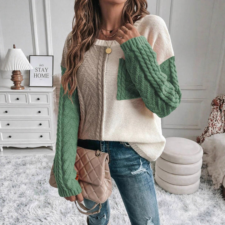 Damen Gemusterter Strickpullover mit bunten Kontrastärmel und Taschen Drune