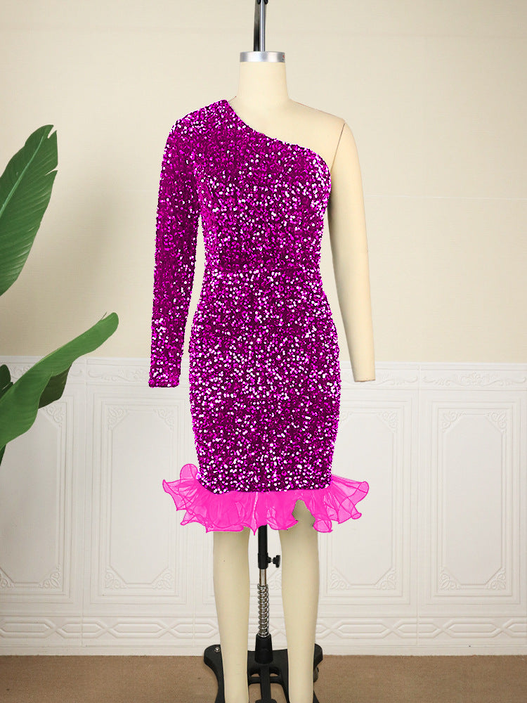 Damen Glamouröser Abendkleid mit funkelnden Pailletten und Rüschenabschluss Drune