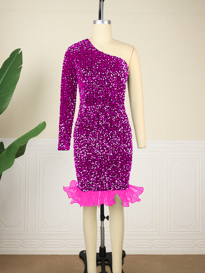 Damen Glamouröser Abendkleid mit funkelnden Pailletten und Rüschenabschluss Drune