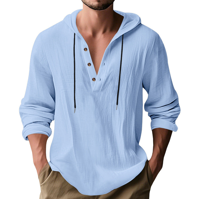 Herren nan lässiges Leinenhemd mit Kapuze und Henley-Knopfleiste Drune