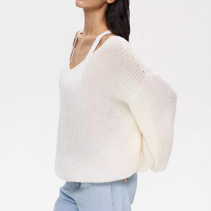 Damen lässiger Strickpullover mit weiten Ärmeln und tiefem V-Ausschnitt Drune
