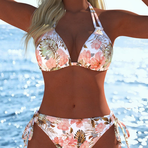 Damen Bikini-Set mit elegantem Palmendruck und geschmackvollem Schmuckdetail Drune