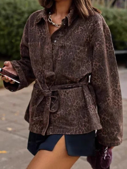Damen Hemdjacke im Leopardenmuster mit Taillengürtel Drune
