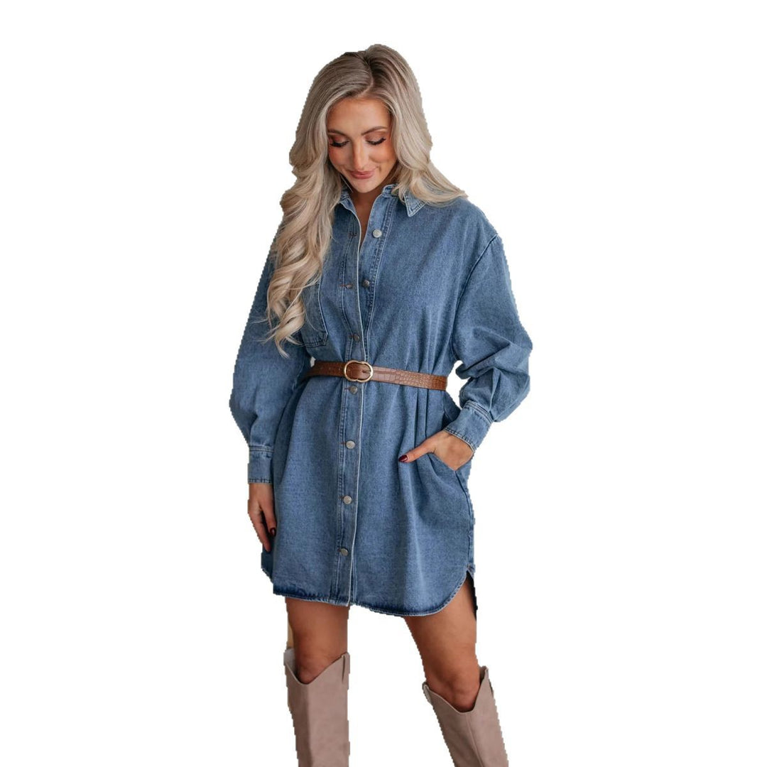 Damen Denim Hemdkleid mit exklusivem Gürtel und praktischen Taschen Drune