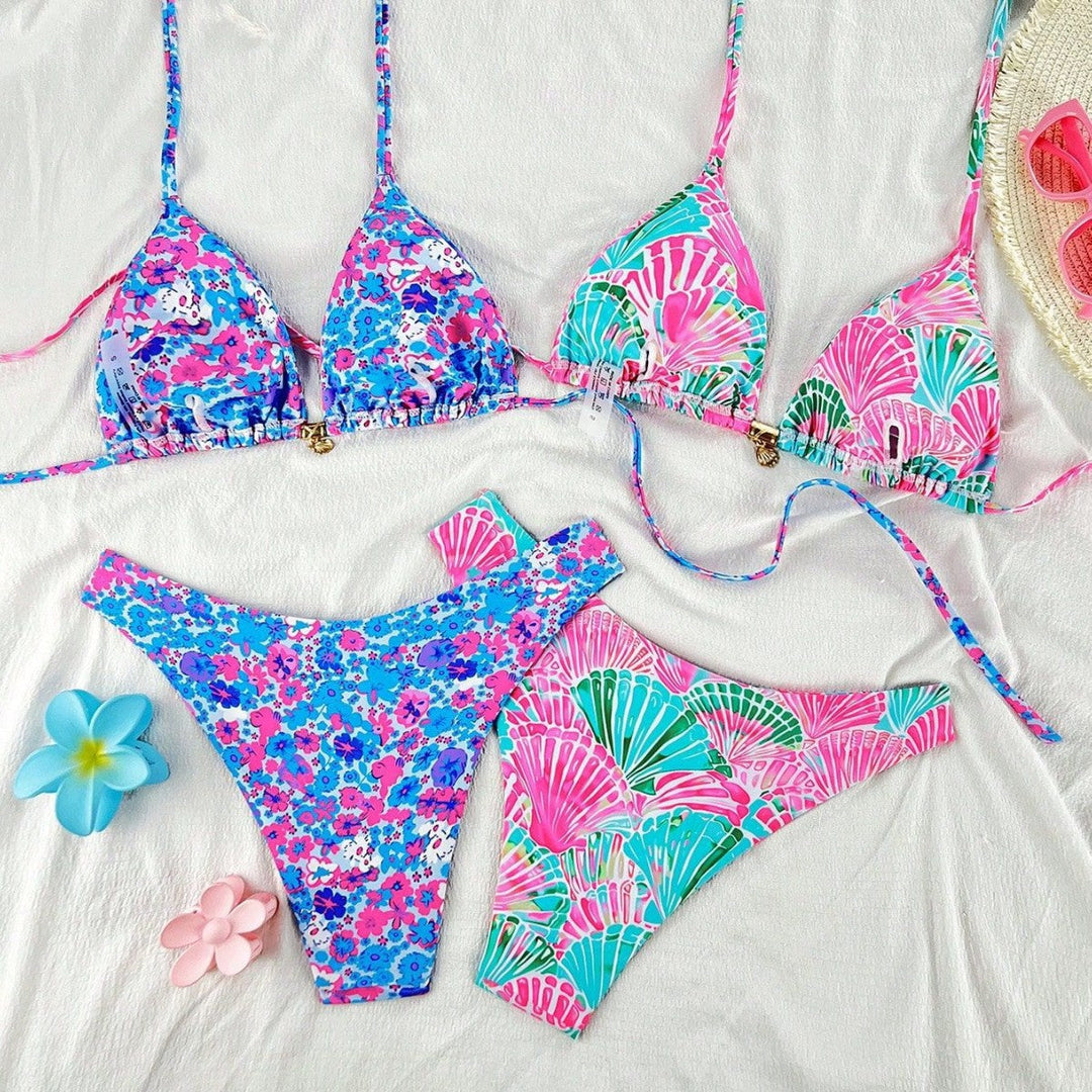Damen Triangel-Bikini-Set mit floralen Mustern und stylischen Riemchen Drune