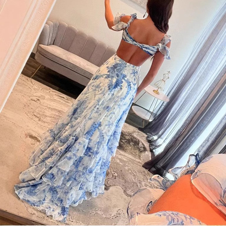 Damen Maxikleid mit romantischen Rüschen und floralem Schnitt Drune