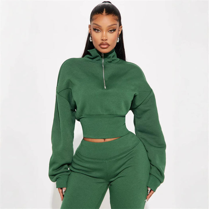 Damen lässiges Oversized Freizeit-Set mit cropped Pullover und weit geschnittenen Hosen Drune