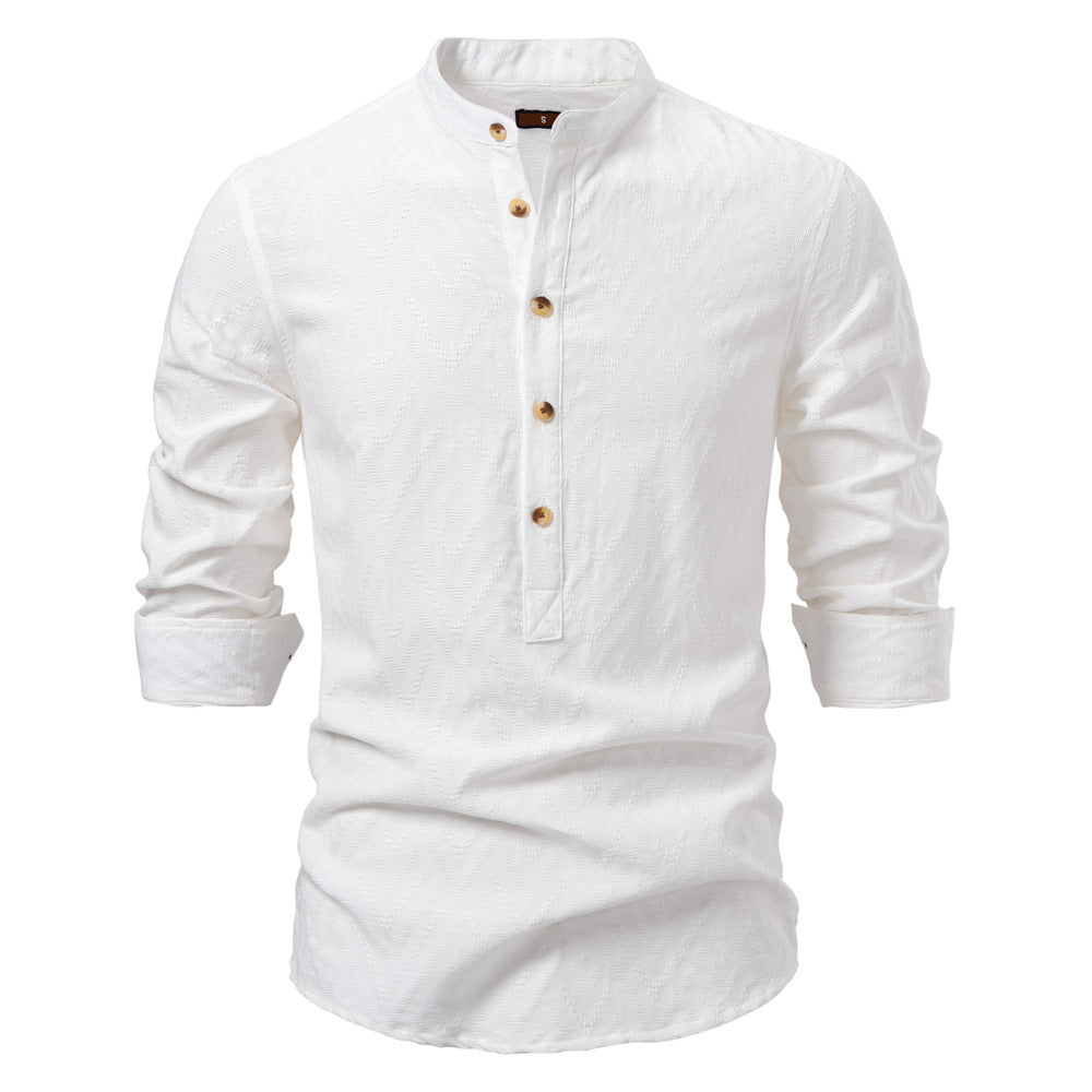 Herren nan Jacquard-Hemd mit Stehkragen, halber Knopfleiste und Holzoptik-Knöpfen Drune