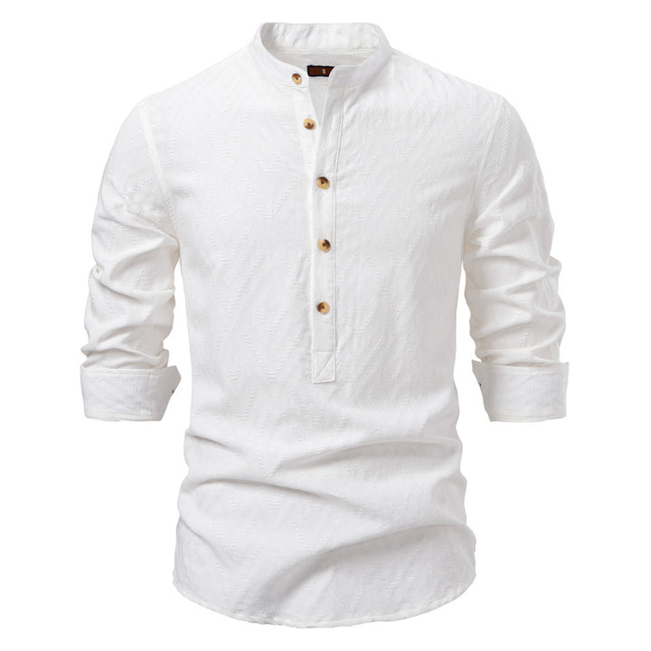 Herren nan Jacquard-Hemd mit Stehkragen, halber Knopfleiste und Holzoptik-Knöpfen Drune
