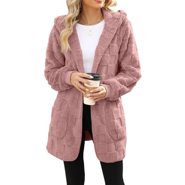 Damen nan kuschelige Kapuzen-Longjacke aus Teddyfleece mit aufgesetzten Taschen und strukturierter Karooptik Drune