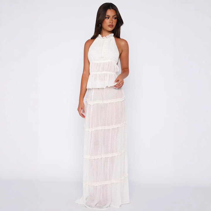 Damen Langärmliges Maxikleid mit elegantem Rüschen-Design und transparentem Stoff Drune
