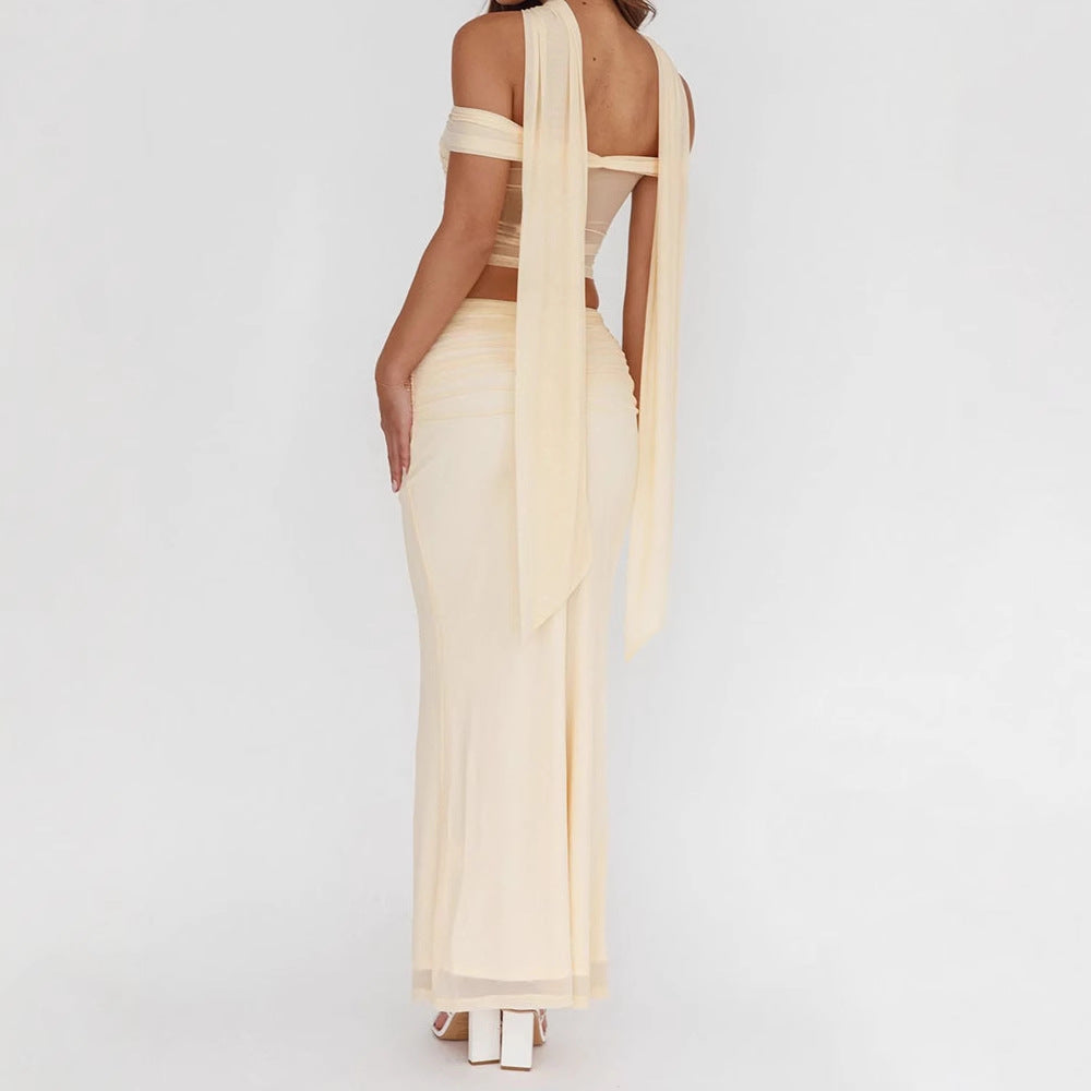 Damen elegantes Wickelkleid mit schulterfreiem Oberteil und drapierter Silhouette Drune