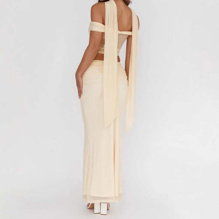 Damen elegantes Wickelkleid mit schulterfreiem Oberteil und drapierter Silhouette Drune
