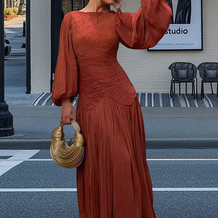 Damen Elegantes Plissiertes Maxikleid mit Raffungen und langen Ärmeln Drune